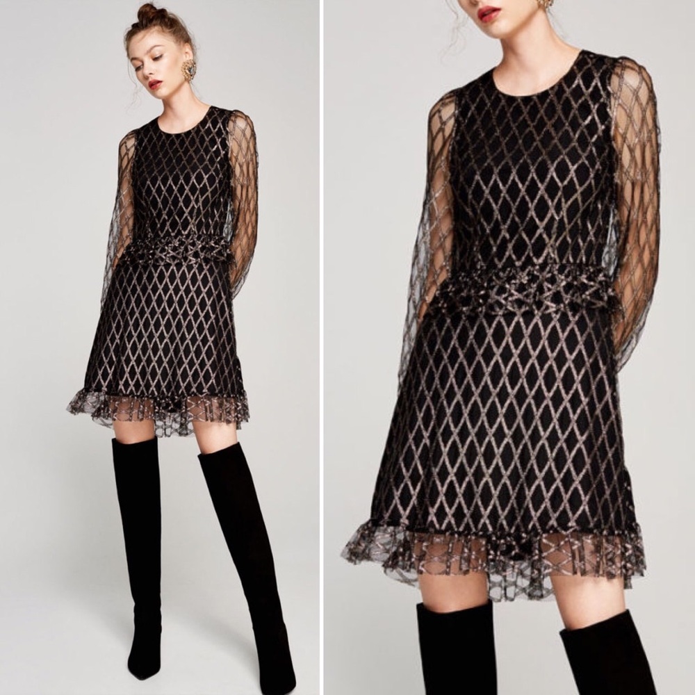 Uterque Gold Metallic Black Mesh Mini Dress